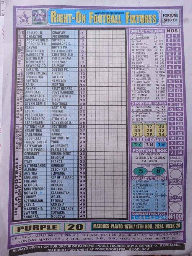 Week 20 Pool Paper Winstar, Happy Joe, Right On Fixtures