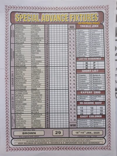 week 29 special advance fixtures 2025