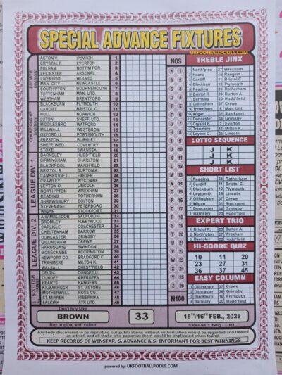 week 33 special advance fixtures 2025