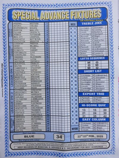 week 34 special advance fixtures 2025