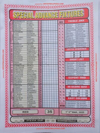 week 35 special advance fixtures 2025