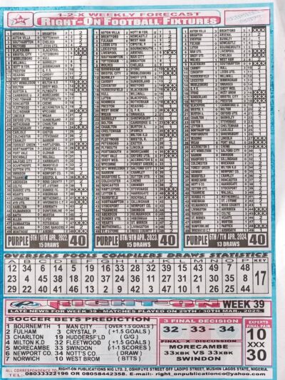 week 40 right on fixtures 2025 back page