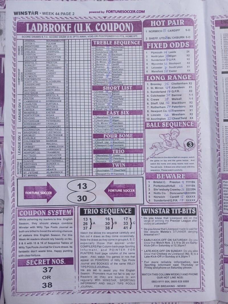 Week 44 pool paper winstar happy joe temple of draws