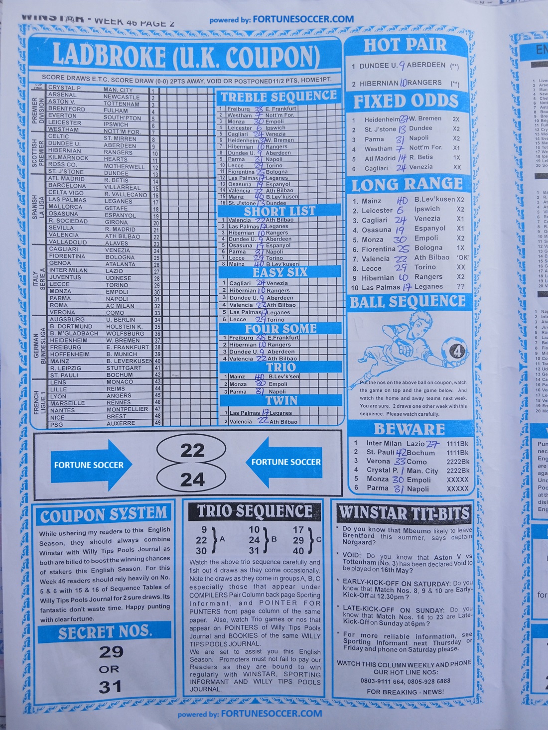 Week 46 pool paper winstar happy joe temple of draws