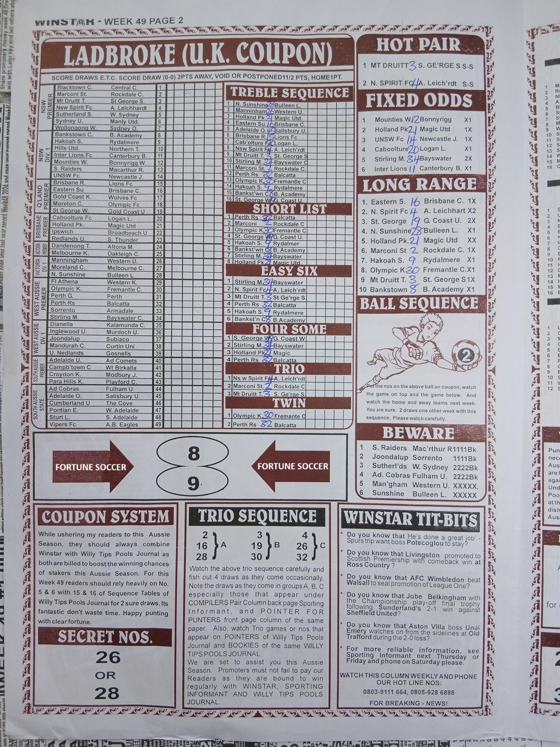 Week 49 pool paper winstar happy joe temple of draws